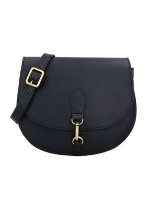 Black leather crossbody bag with curved flap, gold buckle detailing, and adjustable strap against white background.