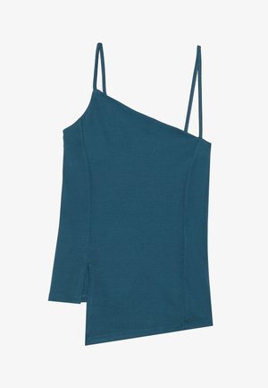 Débardeur asymétrique en teal avec des fines bretelles, présentant une fente sur le côté et une texture de tissu lisse et extensible.