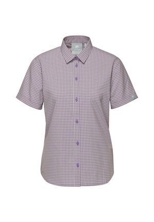 Korte mouwen, overhemd met knopen in een lichtpaarse geruite patroon. Heeft een klassieke kraag en paarse knopen voor sluiting.