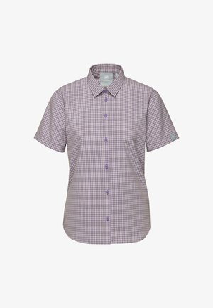 Korte mouwen, overhemd met knopen in een lichtpaarse geruite patroon. Heeft een klassieke kraag en paarse knopen voor sluiting.