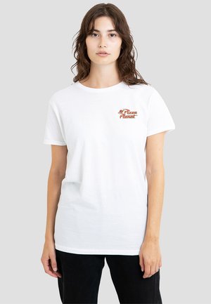 White cotton t-shirt featuring a red logo that reads "Pizza Planet." Short sleeves and crew neckline with a relaxed fit.