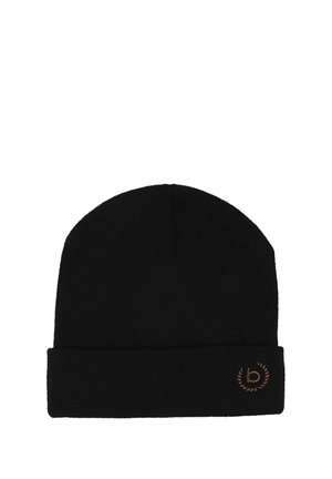 Black knit beanie with folded cuff featuring a small brown embroidered "b" surrounded by a laurel wreath on the front side.