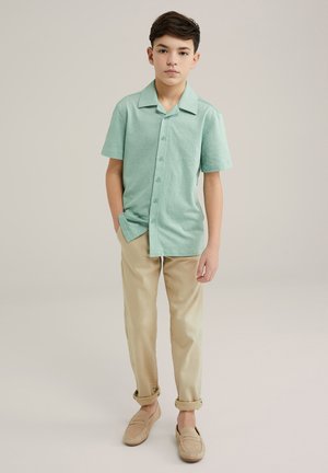 Camicia verde chiaro a maniche corte con bottoni, pantaloni beige con risvolto, e scarpe beige senza lacci, caratterizzati da una vestibilità comoda e una texture liscia.