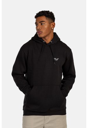 Black hooded sweatshirt made of cotton blend, featuring a kangaroo pocket and drawstring, with subtle logo on the chest and ribbed cuffs.
