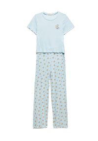  Lichtblauwe katoenen pyjama set met een T-shirt met korte mouwen en een ontwerp van koekjes en melk, en broek met gouden koekjespatronen.