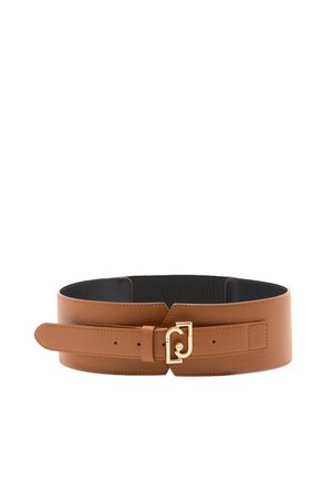 Large ceinture en cuir marron clair avec boucle entrelacée dorée et panneau arrière élastique noir pour un ajustement réglable.