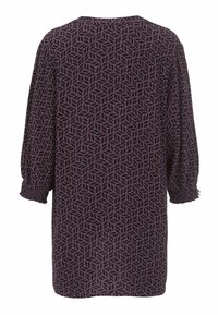 Paarse tuniek met een geheeloverheersend geometrisch bladpatroon, voorzien van ballonmouwen met elastische manchetten en een ontspannen pasvorm.