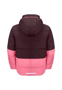 Puffjacka med en svart överdel, rosa midja och en ljusare rosa nederdel. Inkluderar en huva och reflekterande detaljer.