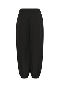 Pantalon noir ample avec taille élastique et poignets élastiques froncés, présenté sur un fond blanc.