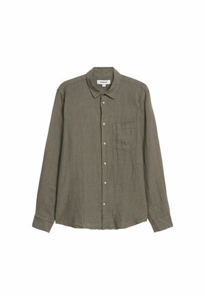 Oliwkowa lniana koszula z długim rękawem, z guzikiem z przodu oraz jedną kieszenią na piersi. Teksturowana tkanina o luźnym kroju.