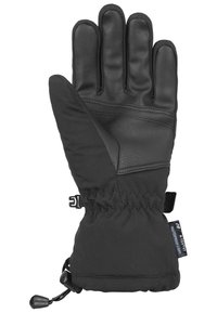 Black gloves featuring a leather palm, soft textile backing, adjustable wrist strap, and elastic cuff for a snug fit. Waterproof material included.