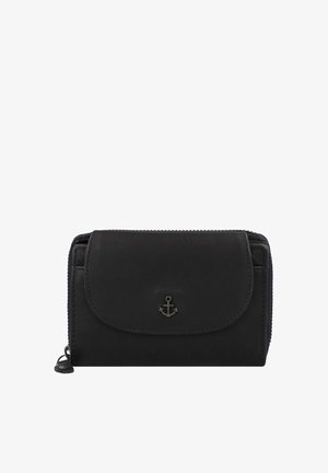 Black leather wallet with a magnetic flap and zipper closure. Features a metal anchor logo and contrasting stitching on edges.