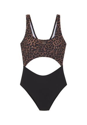 Einstück-Badeanzug mit Leopardenmuster und schwarzem Ausschnitt, aus dehnbarem Material gefertigt. Verfügt über breite Träger und einen schlichten Ausschnitt.