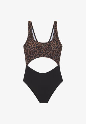 Maillot de bain une pièce imprimé léopard avec un bas découpé noir, fabriqué dans un matériau extensible. Caractéristiques : bretelles larges et décolleté modeste.