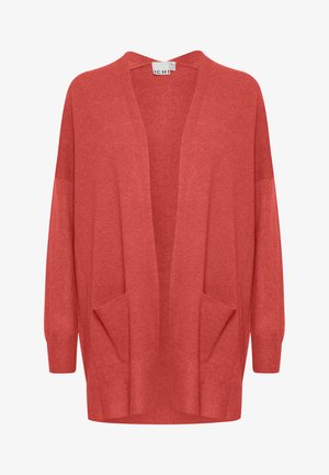 Losse cardigan van koraalkleurige stof, met een V-hals, twee voorkruiszakken en geribbelde manchetten. Zachte textuur en ontspannen ontwerp.