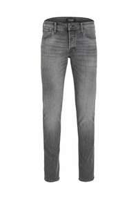 Graue Denim-Jeans mit einem geraden Schnitt, fünf Taschen, und einer Mittelbundhöhe. Mit dezentem Verblassen und Stichdetails.