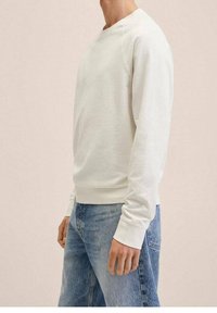 Jasnoszara bluza bawełniana z okrągłym dekoltem i ściągaczami na mankietach, zestawiona z niebieskimi dżinsami. Prosty, codzienny fason.