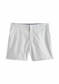 Swim trunks in light gray with a wavy line pattern. Elastic waistband with blue interior. Lightweight, smooth fabric. Mid-thigh length.