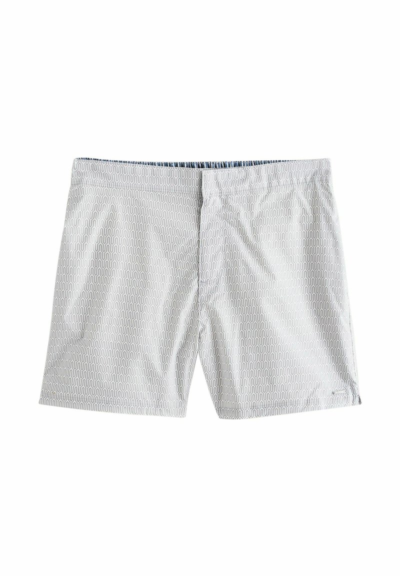 Swim trunks in light gray with a wavy line pattern. Elastic waistband with blue interior. Lightweight, smooth fabric. Mid-thigh length.