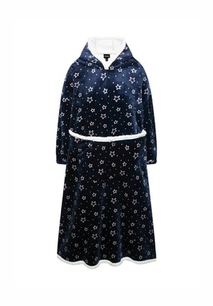 Tummansininen fleece-kotiala, jossa on tähdenkuvio, pehmeällä valkoisella vuorattu huppu, pitkät hihat ja valkoisella reunuksella varustettu nyörivyö.