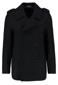 Svart dubbelknäppt ullkappa med stora slag, två framfickor och svarta knapplåsgångar; slät textur och skräddarsydd passform.