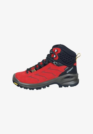 Rote Wanderstiefel mit einem Obermaterial aus Wildleder und Mesh, schwarzen Akzenten, einer gepolsterten Zwischensohle und einer robusten Gummisohle für guten Halt.