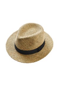 Straw hat with a wide brim, natural woven texture, and a solid black ribbon band around the base.