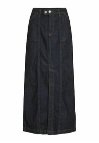 Jupe midi en denim bleu foncé avec des détails de couture sur le devant, des passants de ceinture et une fermeture à double bouton argenté à la taille.