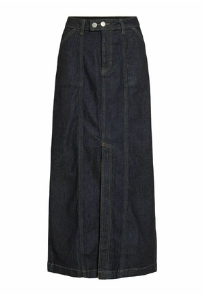 Tume sinine denim midi seelik, millel on esiseamdetailid, vöörihmade augud ja kahekordne hõbedane nööp sulgemiseks vöökohal.