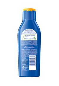 Blue plastic bottle of sunscreen; features a yellow flip-top cap and textured surface; contains 200 ml; labels in German with environmental icons.