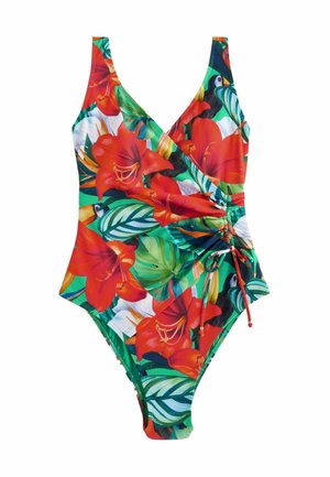 Bloemige eendelige bikini met een wikkelontwerp, levendige rode bloemen, groene bladeren en verstelbare zijruche met trekkoorddetail.