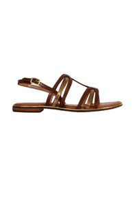 Sandale en cuir marron avec plusieurs courroies fines, une boucle ajustable à la cheville et une semelle plate présentant une légère texture.