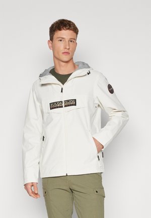 White hooded jacket with a gray interior, featuring a zip closure and a prominent logo on the chest. Lightweight fabric, practical design.