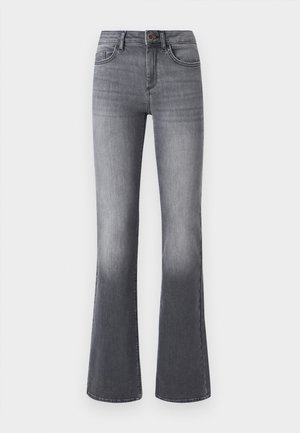 Høytlivede vide jeans i mørkegrå denim, med frontlommer, knappelukking og subtil falming mot nederkanten.