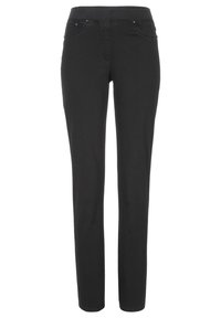 Pantalones vaqueros negros con un diseño de pierna recta, dos bolsillos frontales y una cinturilla elástica para mayor comodidad. Textura suave en toda su superficie.