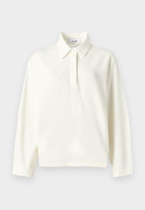 Long-sleeve white polo shirt with a pointed collar and concealed button placket, displayed on a plain light background.
