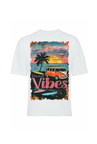 White short-sleeve t-shirt featuring a colorful graphic of a palm tree, retro orange van, and sunset with "Good Vibes" text in bold pink.