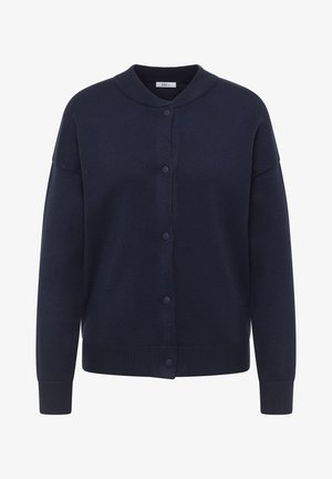 Granatowy kardigan z okrągłym kołnierzem, zapinany na guziki z przodu, z prążkowanymi mankietami i krawędzią. Wykonany z miękkiego, teksturowanego materiału.