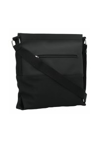 Črna crossbody torba iz trpežnega materiala, z sprednjim žepom na zadrgo, nastavljivim trakom in teksturirano površino za boljši oprijem.