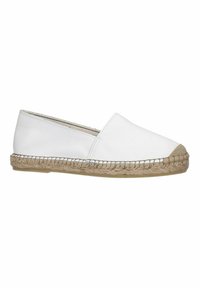 Weiße Leder-Espadrille mit runder Zehenpartie, Juteschnursohle und genähten Akzenten am Rand. Glatte Textur und minimalistisches Design.