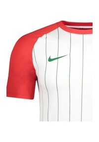 Maglietta sportiva Nike con corpo bianco, strisce verticali verdi e maniche corte rosse. Presenta un logo swoosh verde sul petto.