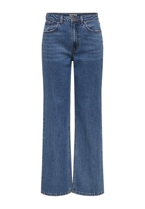 Wide-leg blue denim jeans with a high waist, featuring five pockets, belt loops, and subtle fading in the fabric texture.