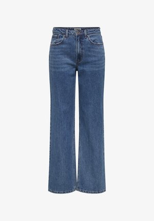 Jeans de mezclilla azul de pierna ancha con cintura alta, que incluyen cinco bolsillos, pasadores para cinturón y un sutil desgastado en la textura de la tela.