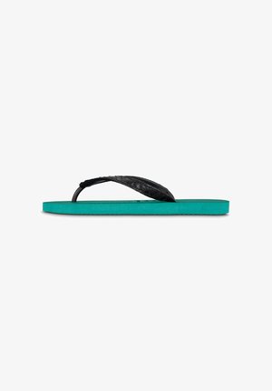 Flip-flop with a teal rubber sole and a black textured strap, featuring a slight raised pattern for grip.