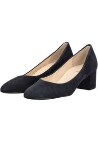 Tmavě modré semišové lodičky na blokovém podpatku s špičatou špičkou a hladkým vnitřním podšíváním. Jednoduchý design, vhodné pro formální i neformální nošení.