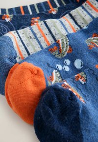 Trys kojinių poros su mėlynu pagrindu ir raštais, įskaitant dryžius ir kaktusus. Vienoje kojinėje yra oranžinė piršto dalies detalė. Minkšta tekstūra.