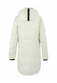 Lang hvid vinterfrakke med hætte, sort kant på ærmekanterne og en lodret sort stribe på bagsiden af hætten.