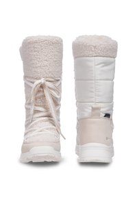 Weiße Winterstiefel mit einem Obermaterial aus künstlichem Lammfell, gepolstertem Schaft, Schnürung an der Vorderseite und strukturiertem Gummisohle. Mit einer Zuglasche an der Rückseite.
