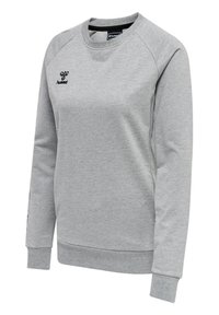 Grå sweatshirt med långa ärmar, rund halsringning och ribbad mudd. Har broderad logotyp på bröstet och dekorativ sömnad på axlarna.