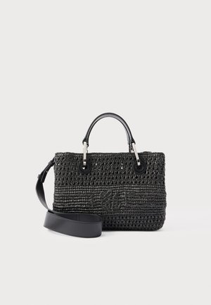 Black woven handbag with two short handles, a detachable wide leather shoulder strap, and a subtle textured logo on the front.